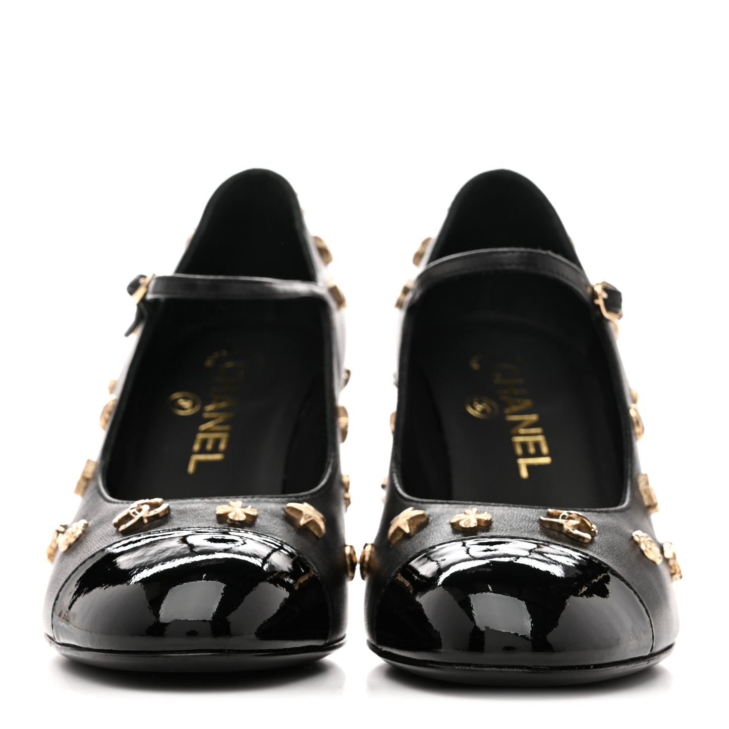 Lambskin Patent Cap Toe Charms Mary Jane Pumps 36.5 Black