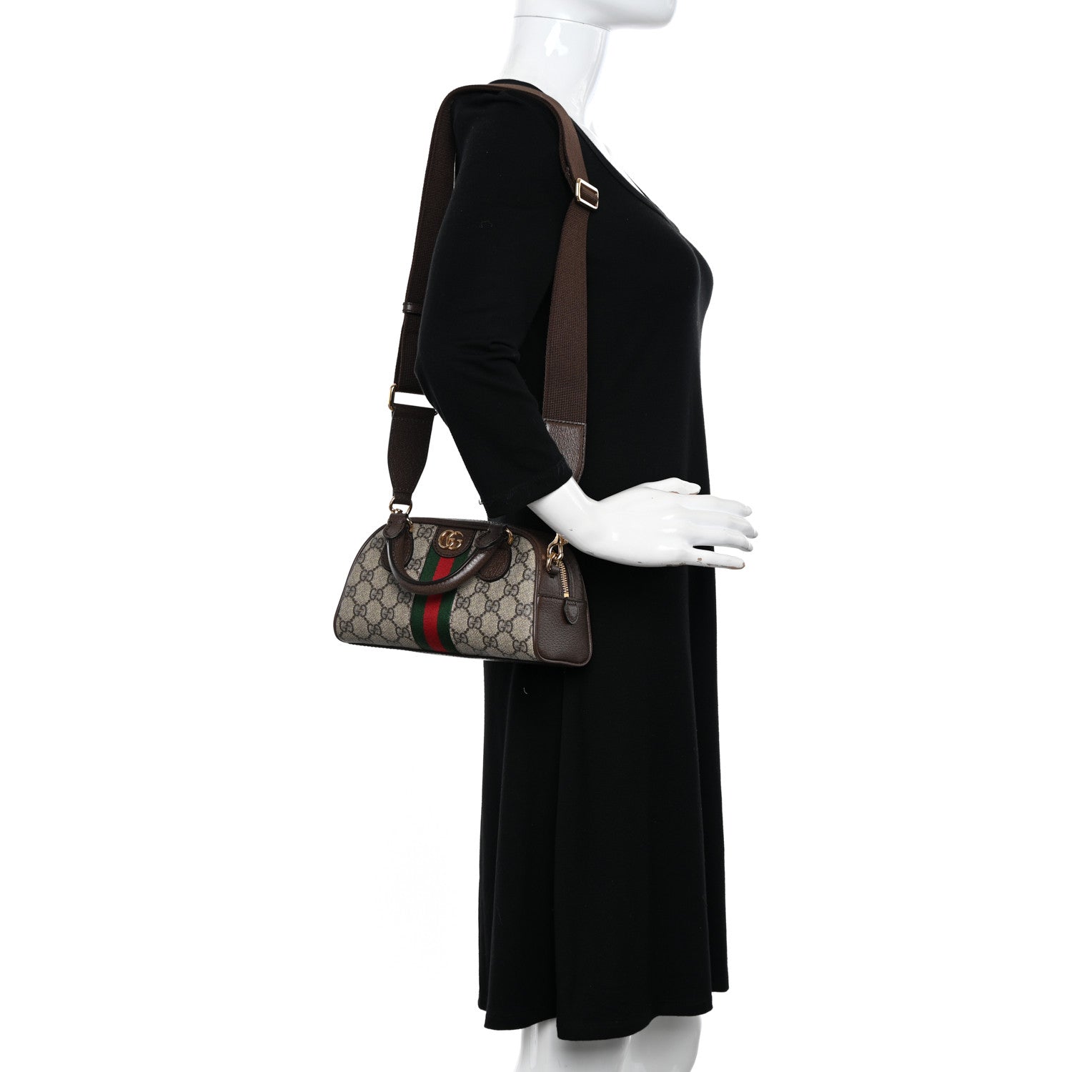 Gucci GG Supreme Monogram Textured Dollar Calfskin Web Mini Ophidia Top Handle Bowler Bag Beige Ebony New Acero 2 of 10