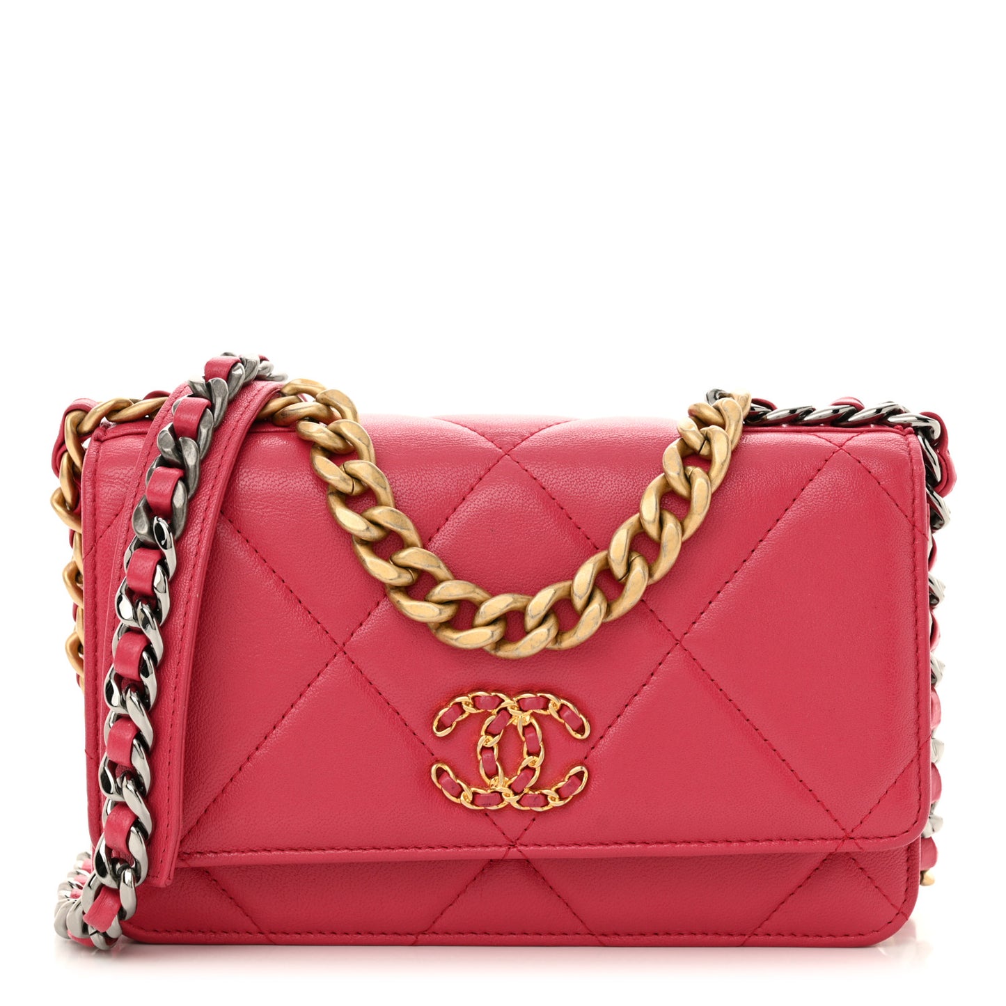 Lambskin Quilted Chanel 19 Wallet On Chain WOC Dark Pink