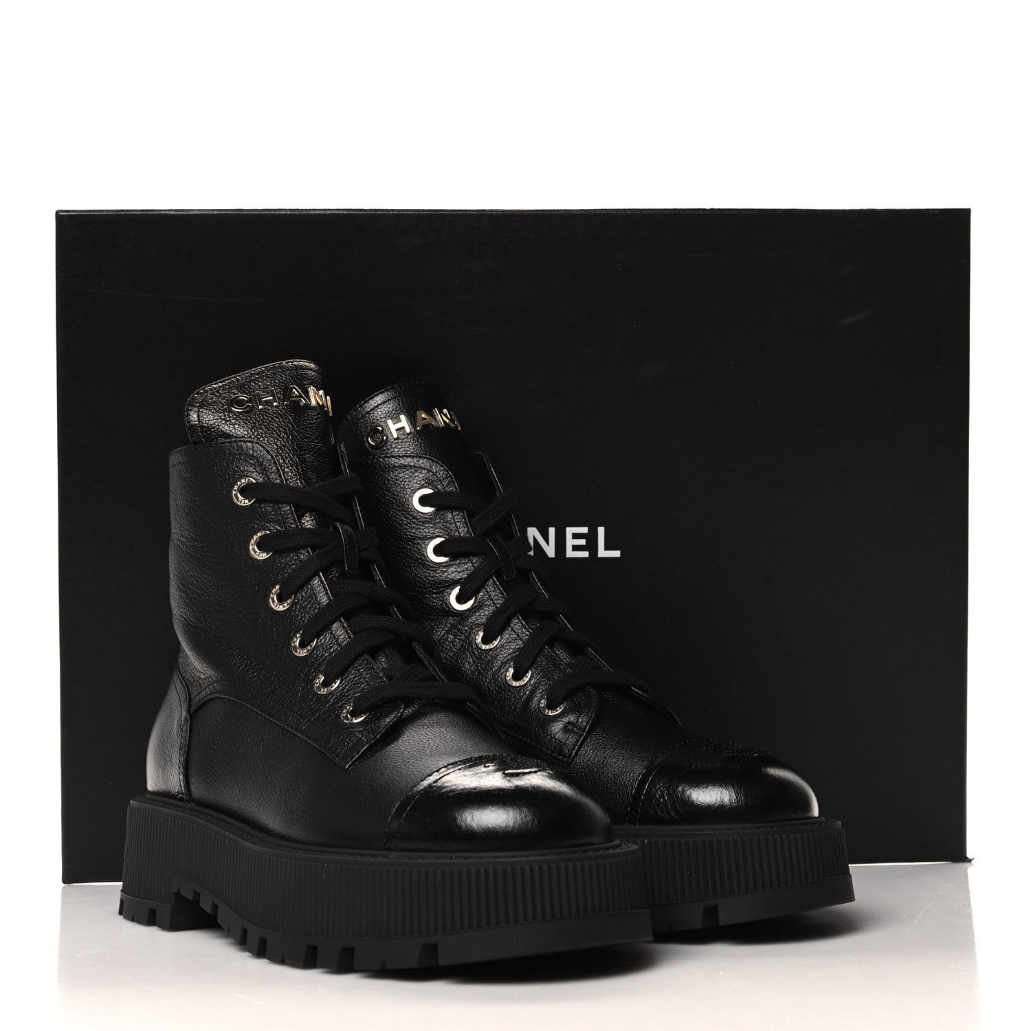 Chanel Grained Calfskin Shiny Calfskin CC Lace Up Combat Boots 40 Black 9 of 9