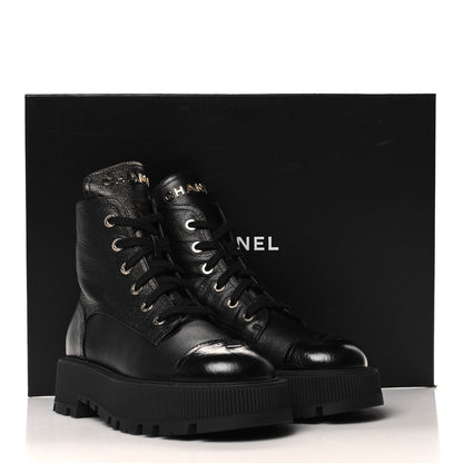 Chanel Grained Calfskin Shiny Calfskin CC Lace Up Combat Boots 40 Black 9 of 9
