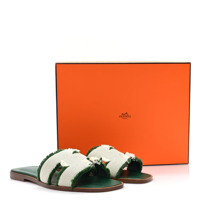 Hermes Calfskin Canvas Oran Fringe Sandals 37.5 Vert 10 of 10