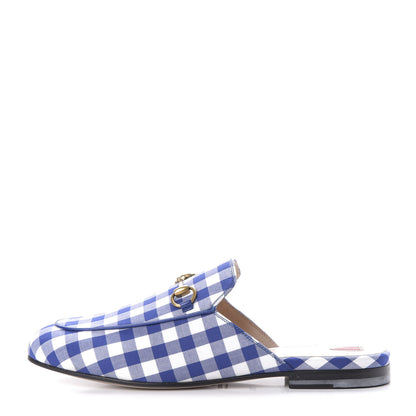 Gucci Cotton Gingham Womens Princetown Slippers 37.5 White Blue 1 of 10