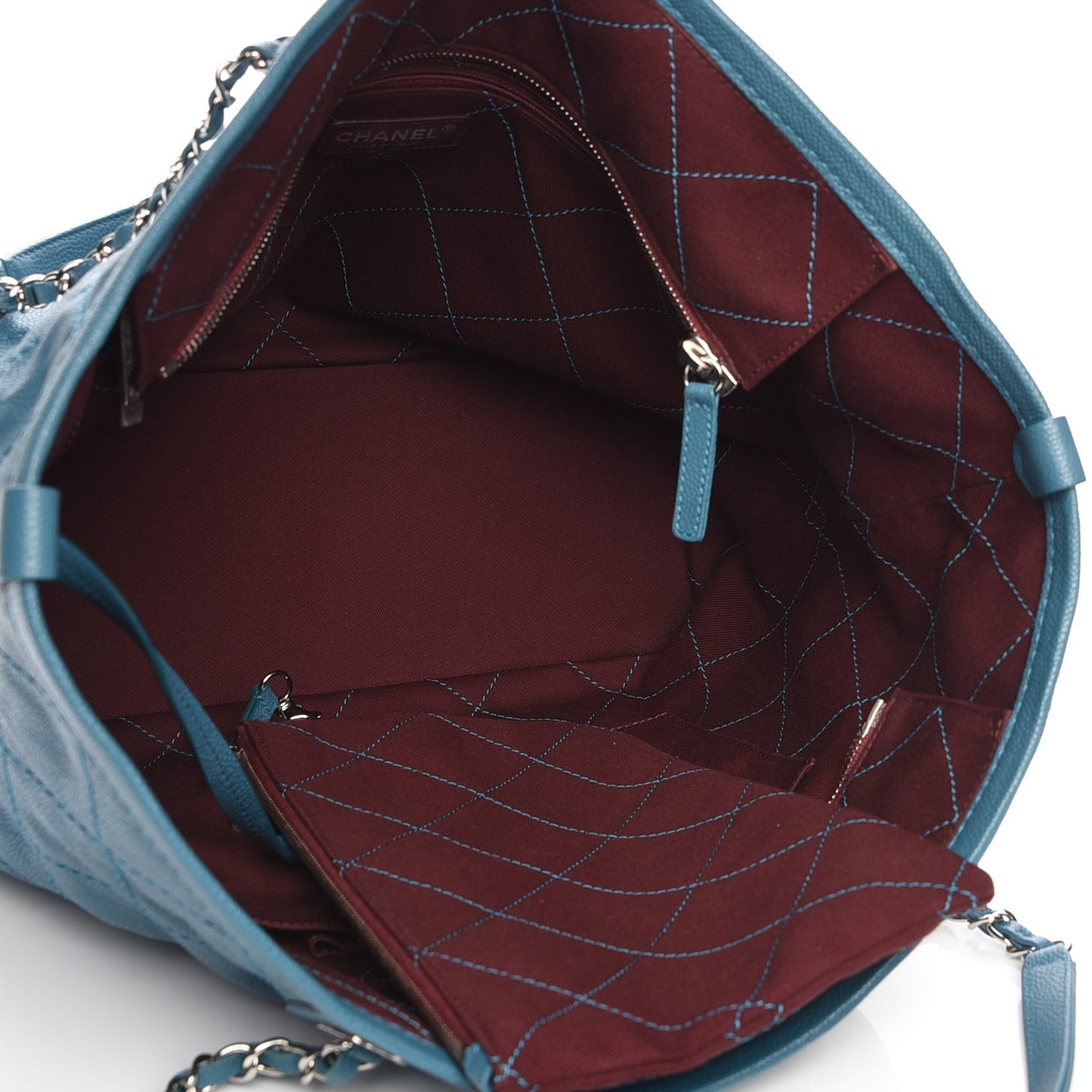 Grained Calfskin Quilted Small Daily Shopping Tote Turquoise