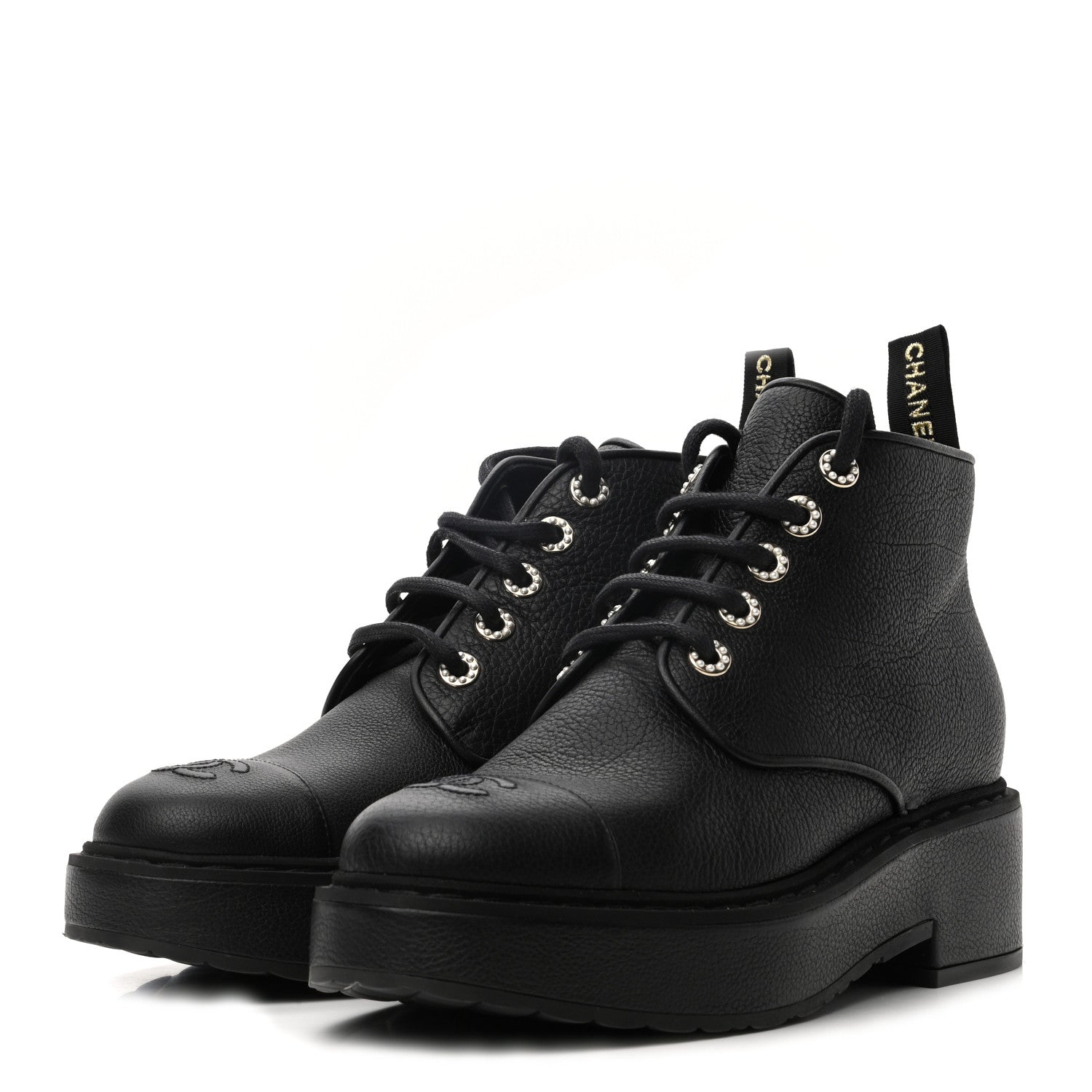 Chanel Goatskin Pearl Lace Up CC Short Boots 40 Black 3 of 10