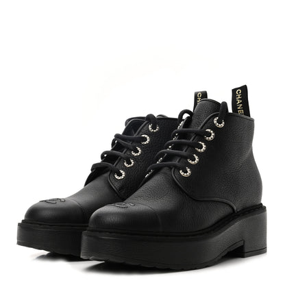 Chanel Goatskin Pearl Lace Up CC Short Boots 40 Black 3 of 10