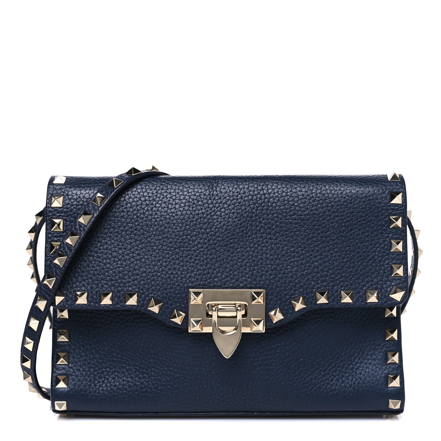 Pebbled Calfskin Medium Rockstud Flip Lock Crossbody Bag Navy