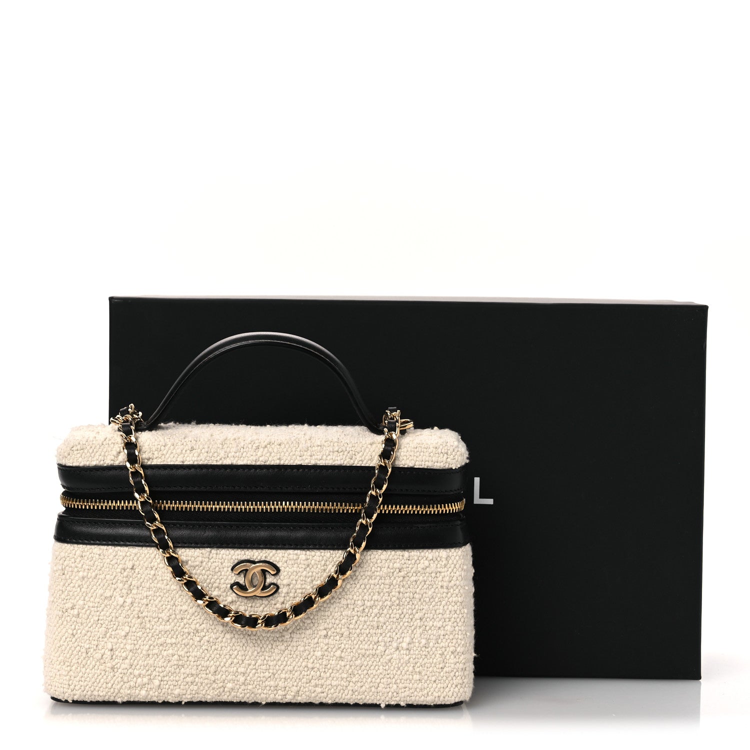 Chanel Boucle Calfskin Top Handle Slim Vanity Case With Chain Ecru Black 13 of 13