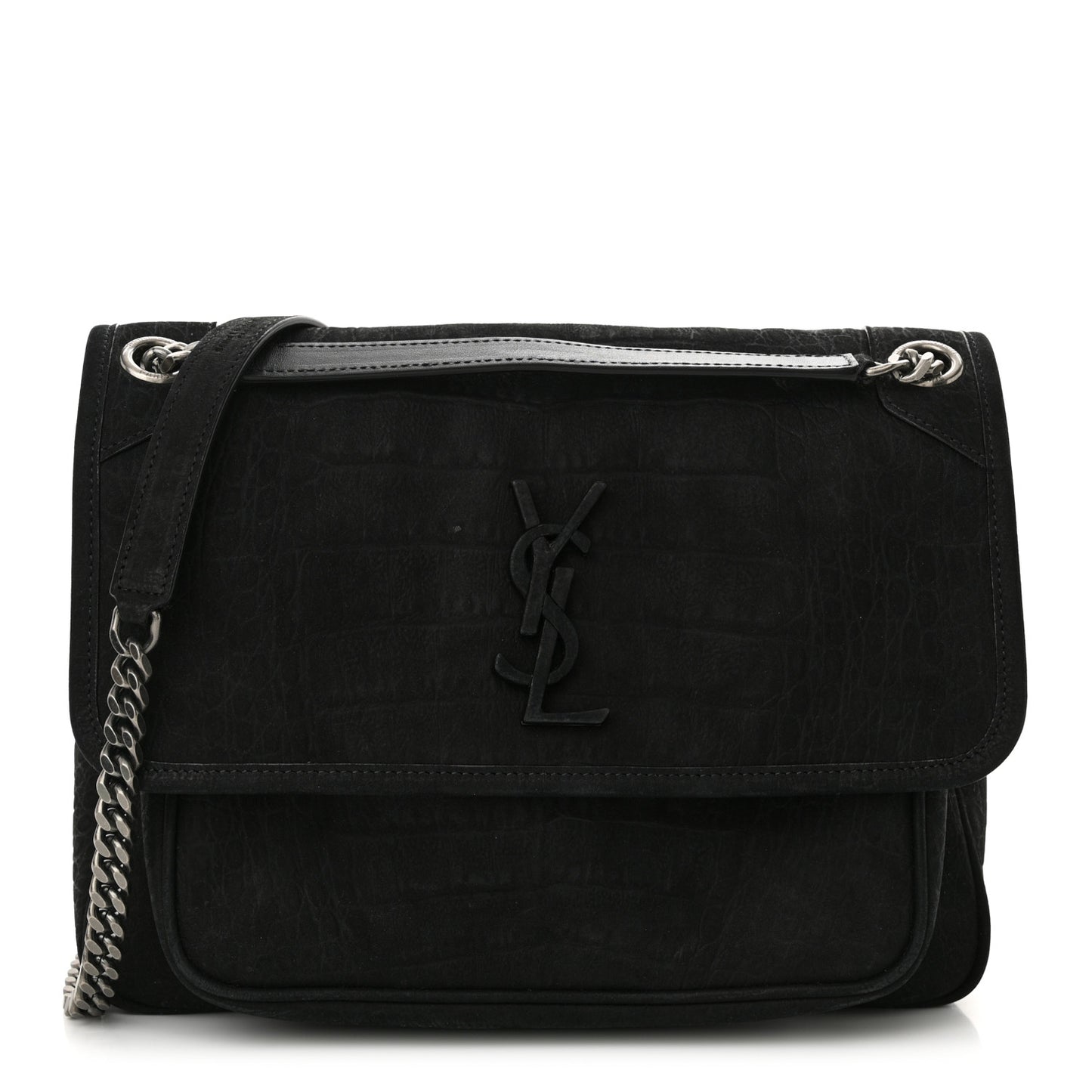 Nubuck Crocodile Embossed Monogram Medium Niki Chain Satchel Black