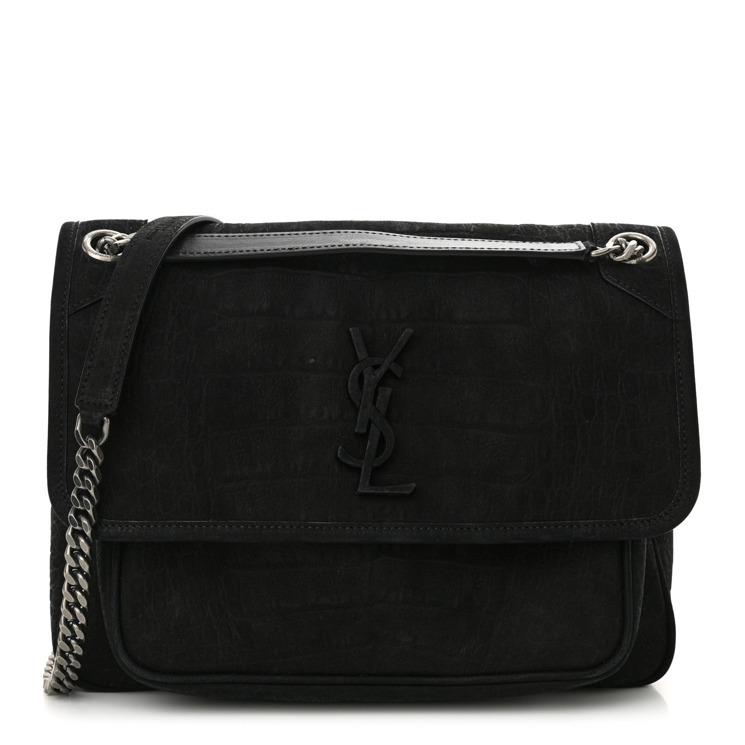 Saint Laurent Nubuck Crocodile Embossed Monogram Medium Niki Chain Satchel Black 1 of 10