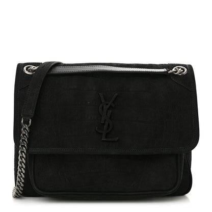 Saint Laurent Nubuck Crocodile Embossed Monogram Medium Niki Chain Satchel Black 1 of 10