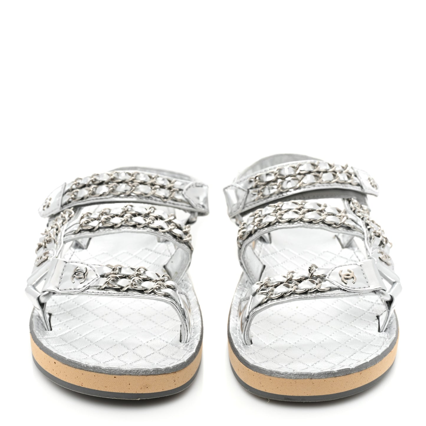 Metallic Laminated Goastkin Chain Flat Sandals 37 Silver