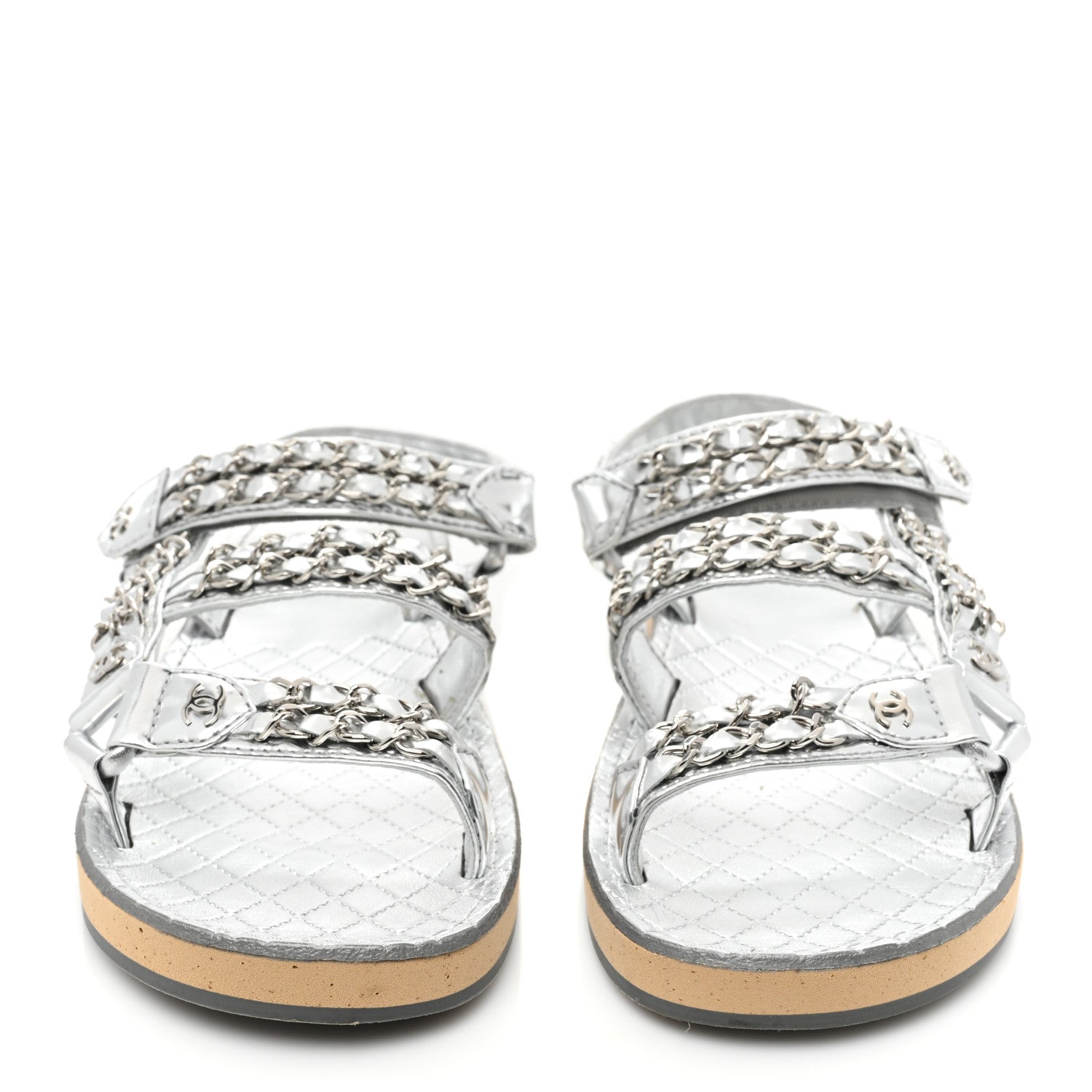 Chanel Metallic Laminated Goastkin Chain Flat Sandals 37 Silver 2 of 11