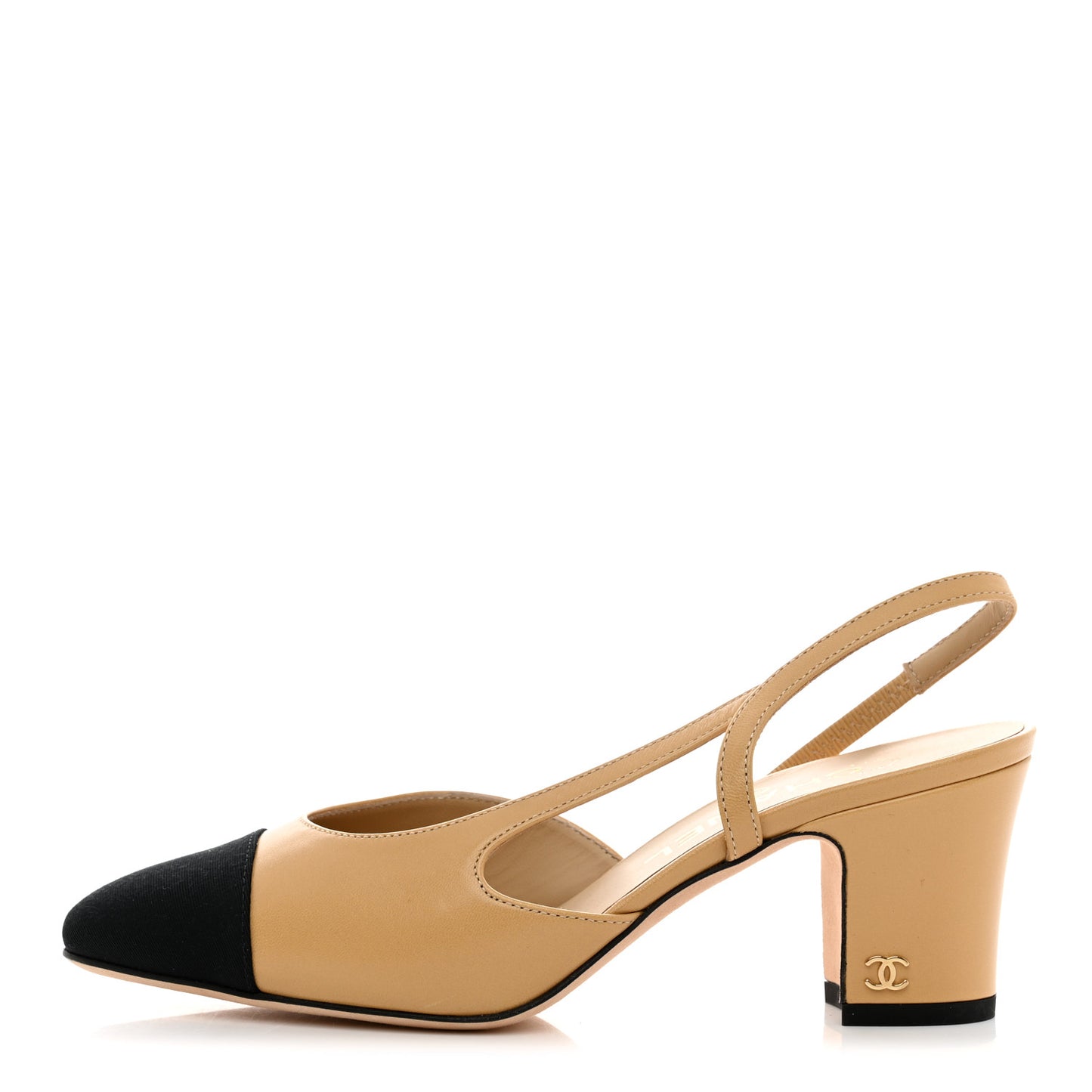 Goatskin Grosgrain Cap Toe CC Slingback Pumps 36 Beige Black