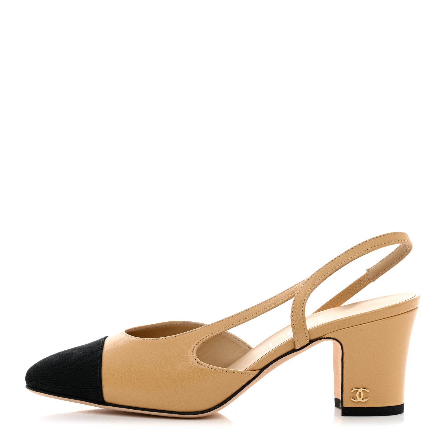 Chanel Goatskin Grosgrain Cap Toe CC Slingback Pumps 36 Beige Black 1 of 8