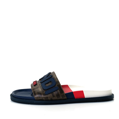 Fendi X FILA Glazed Fabric Calfskin FF 1974 Mania Mens Slide Sandals 5 Mogano Panna Blueberry Caipiroska 1 of 8
