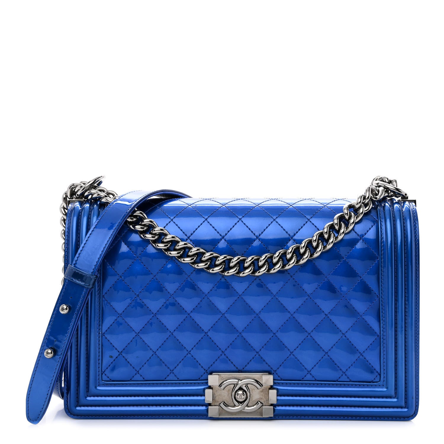 Chanel Metallic Patent Quilted New Medium Boy Flap Blue 1 of 15