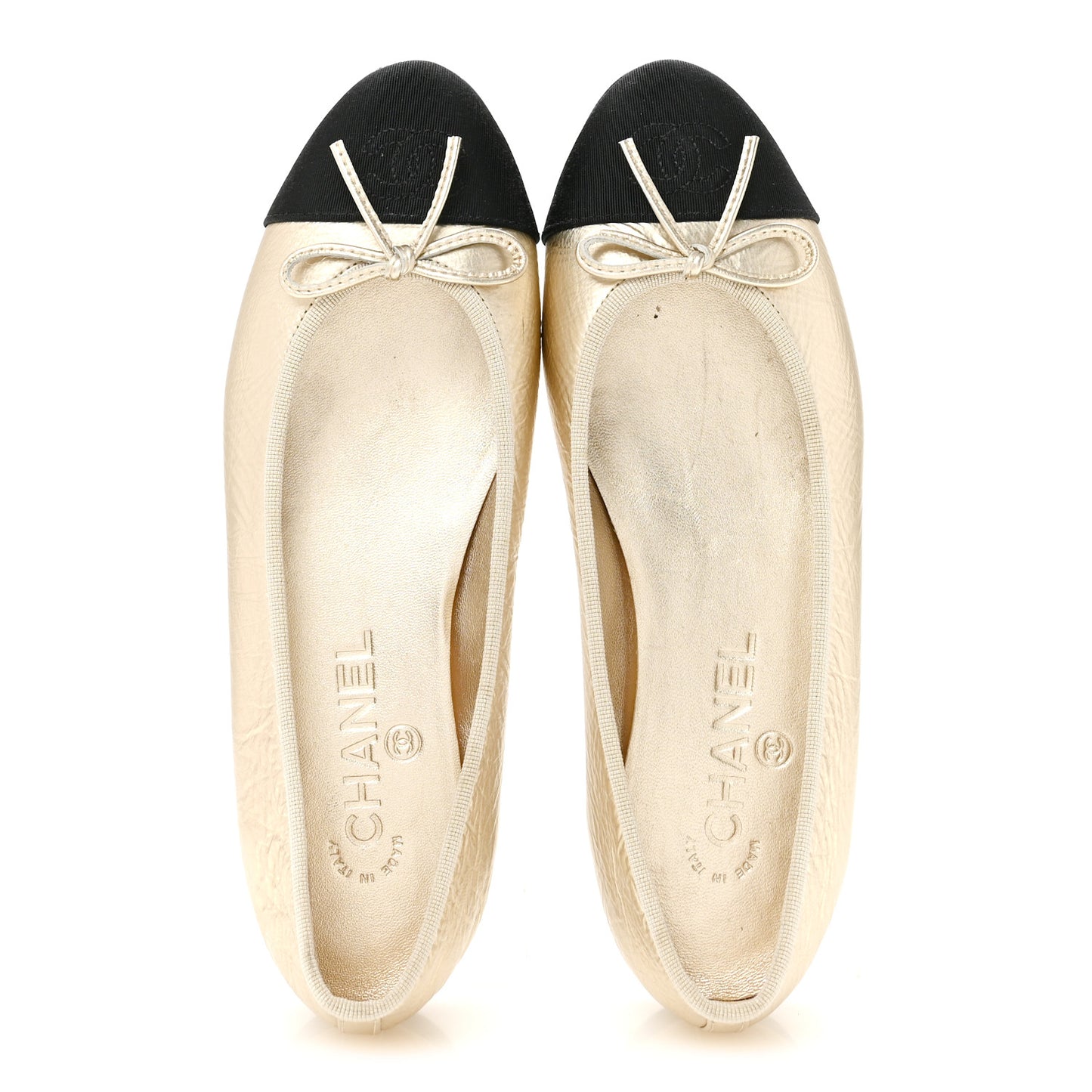 Metallic Laminated Lambskin Grosgrain CC Cap Toe Ballerina Flats 37.5 Light Gold Black