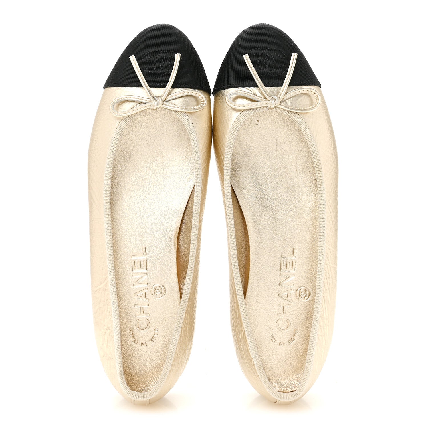 Chanel Metallic Laminated Lambskin Grosgrain CC Cap Toe Ballerina Flats 37.5 Light Gold Black 2 of 10