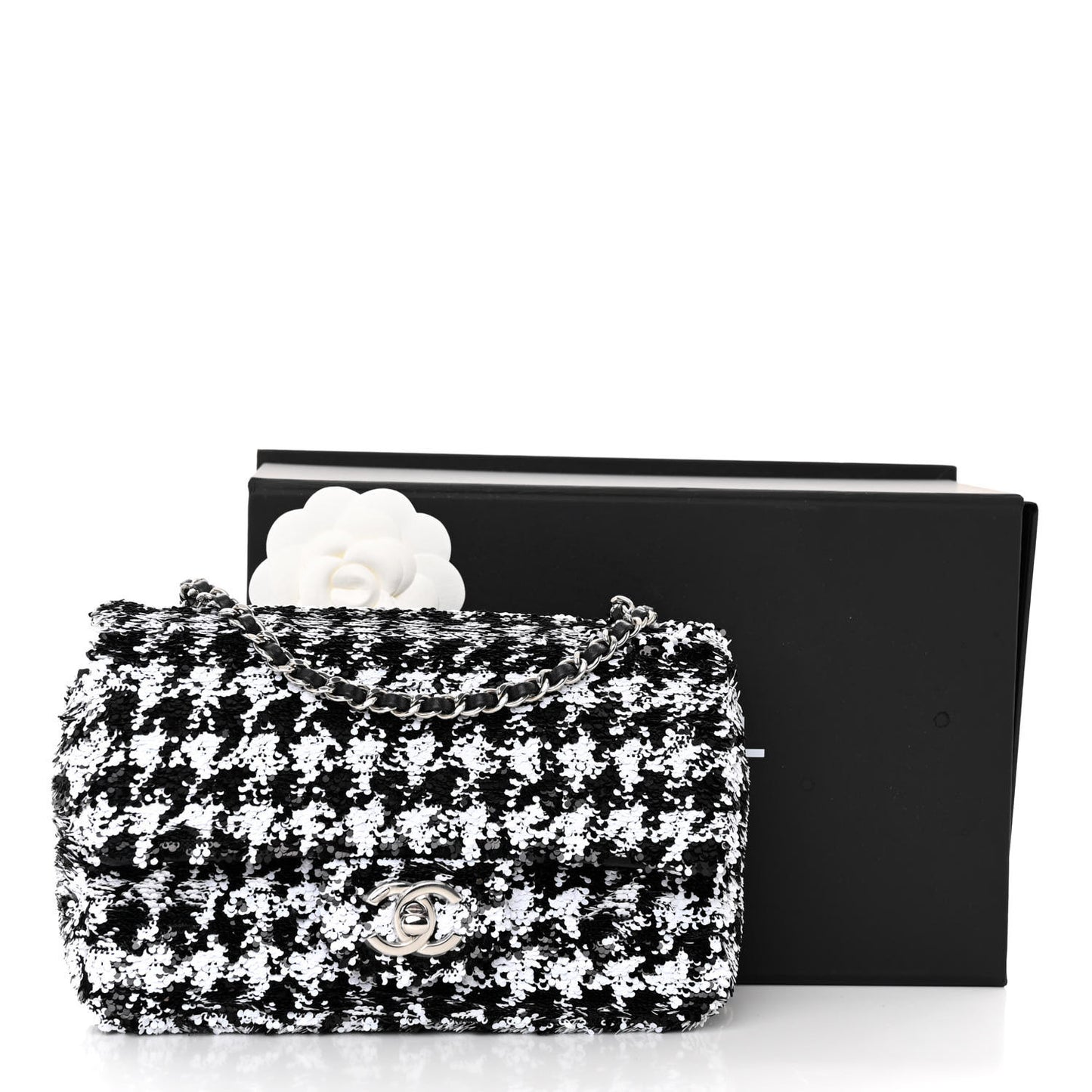 Sequin Mini Houndstooth Rectangular Flap Black White