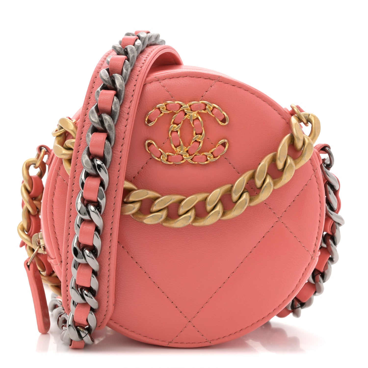 Chanel Lambskin Quilted Chanel 19 Round Clutch With Chain Pink 1 of 12