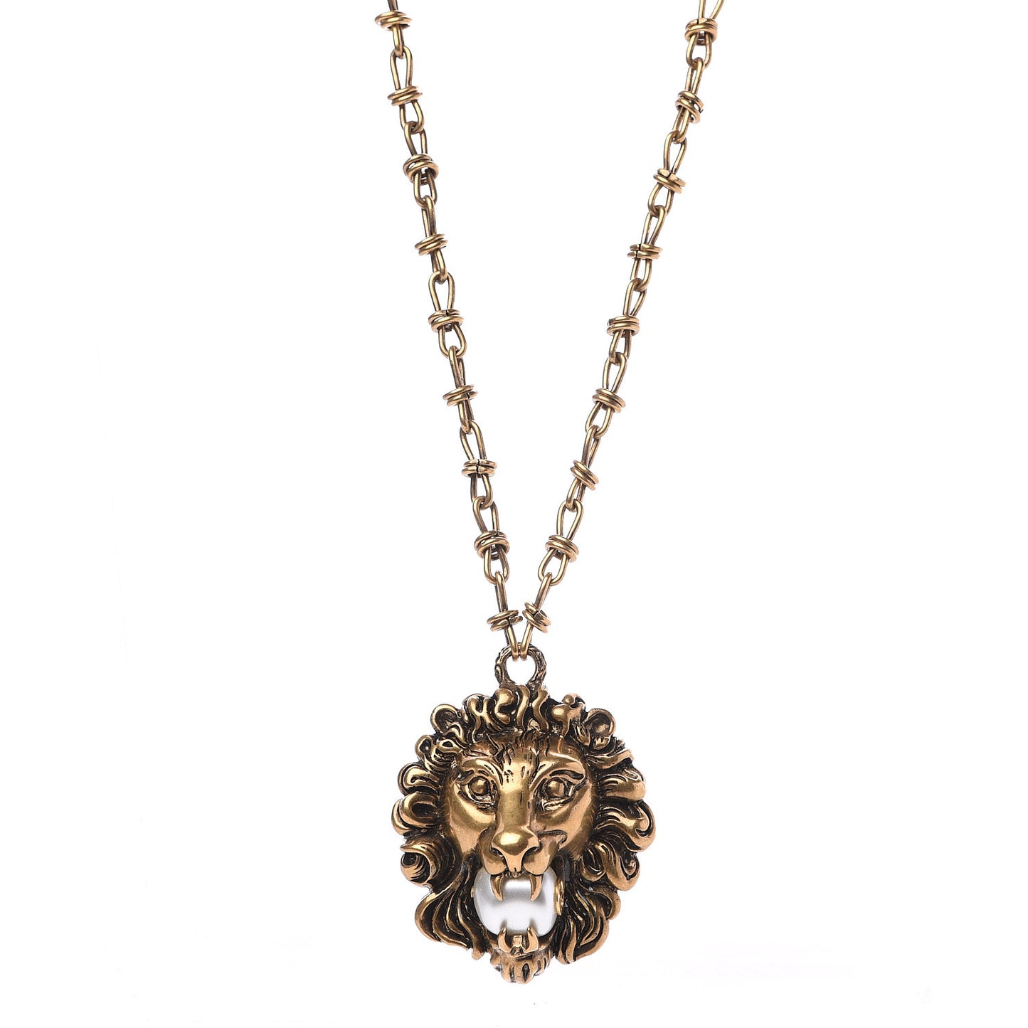 Metal Brass Pearl Lion Head Necklace Aged Gold
