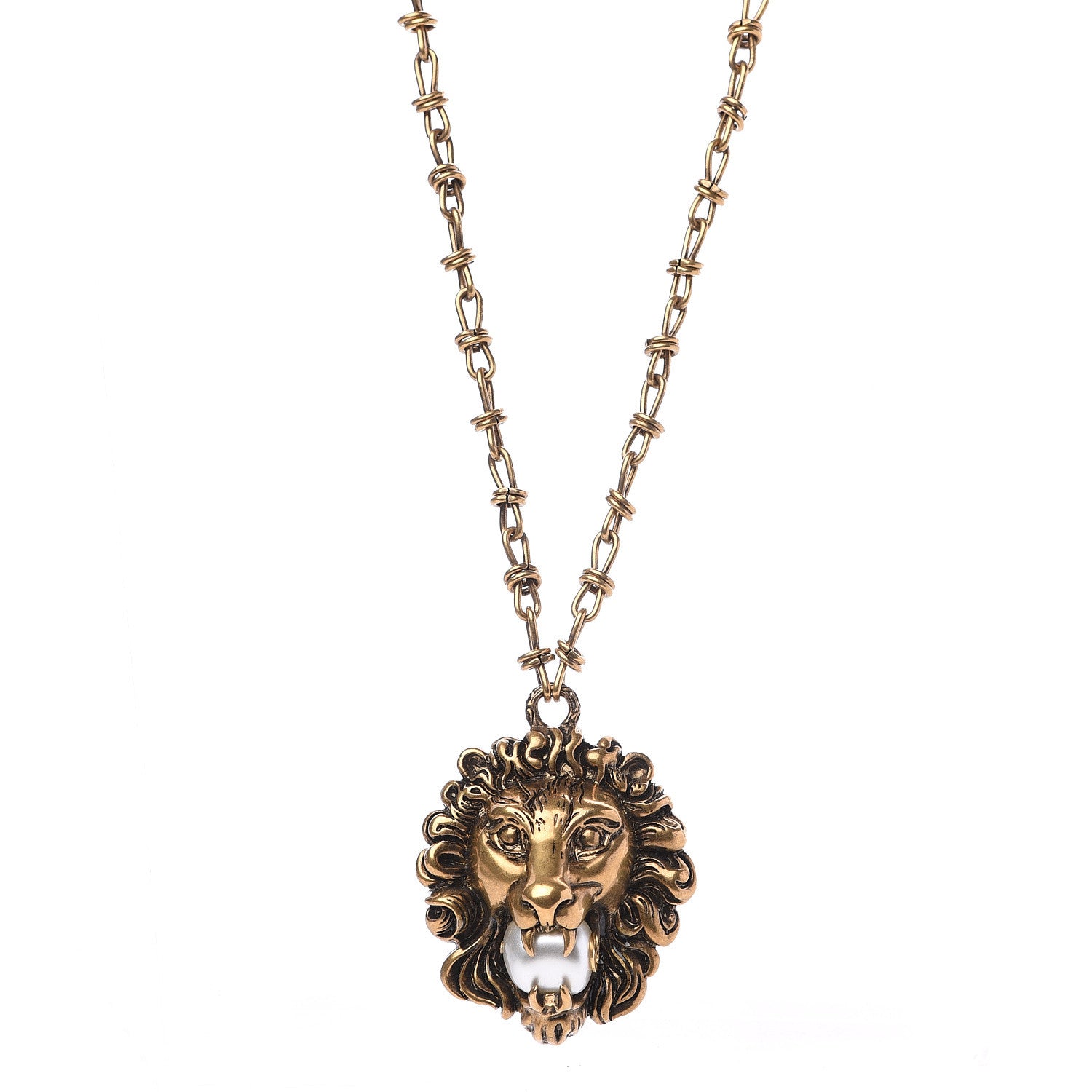 Gucci Metal Brass Pearl Lion Head Necklace Aged Gold 1 of 4