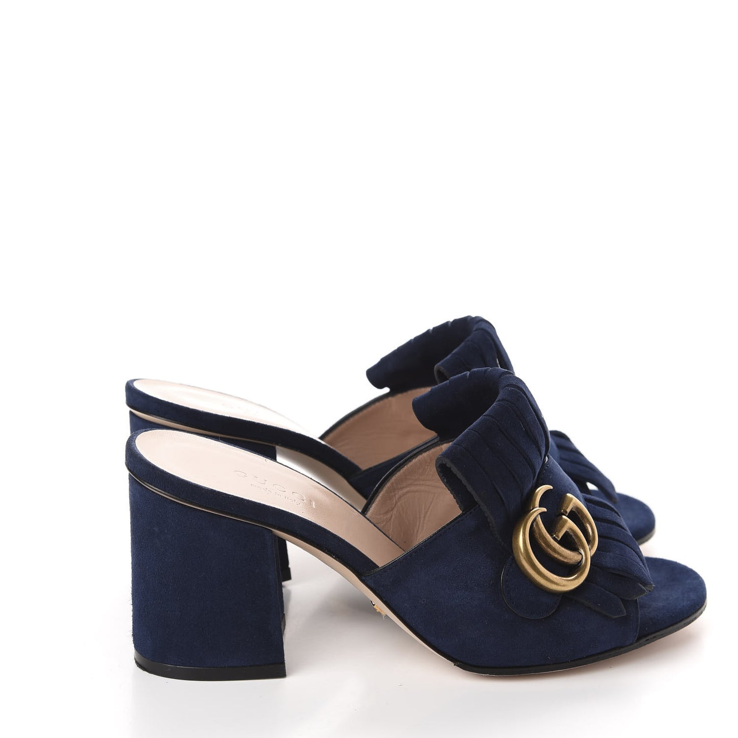 Kid Scamosciato GG Marmont Fringe 75mm Slide Sandals 35.5 Blue Ink