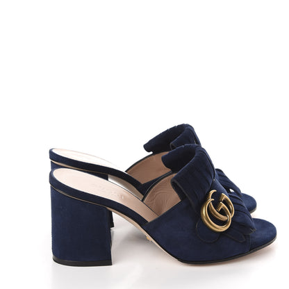 Gucci Kid Scamosciato GG Marmont Fringe 75mm Slide Sandals 35.5 Blue Ink 4 of 9