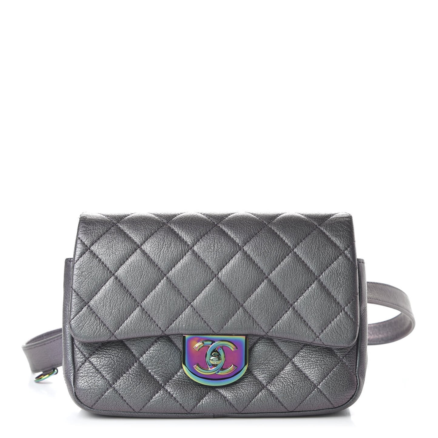 Iridescent Goatskin Quilted Small Double Carry Waist Chain Flap Purple