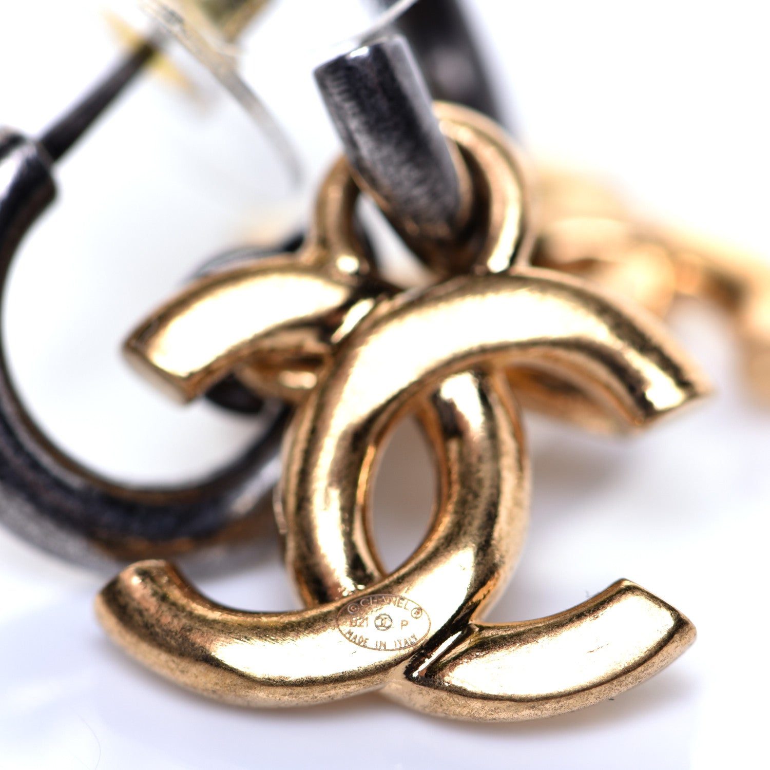 Chanel Metal Drop CC Earrings Ruthenium Gold 4 of 5