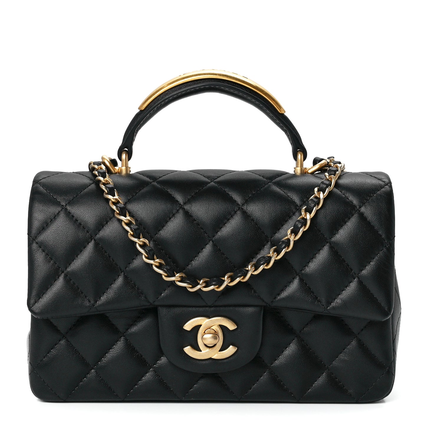 Lambskin Quilted Metal Mini Top Handle Rectangular Flap Black