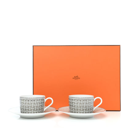 Hermes Porcelain Mosaique Au 24 Platine Tea Cup And Saucer Set Of 2 Platinum 8 of 8