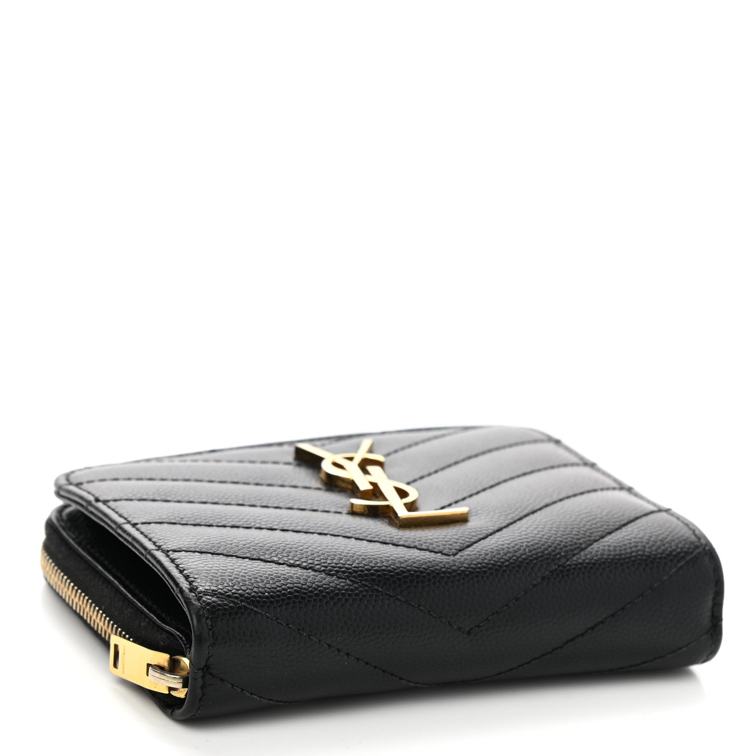 Saint Laurent Grain De Poudre Matelasse Chevron Monogram Compact Zip Around Wallet Black 3 of 8