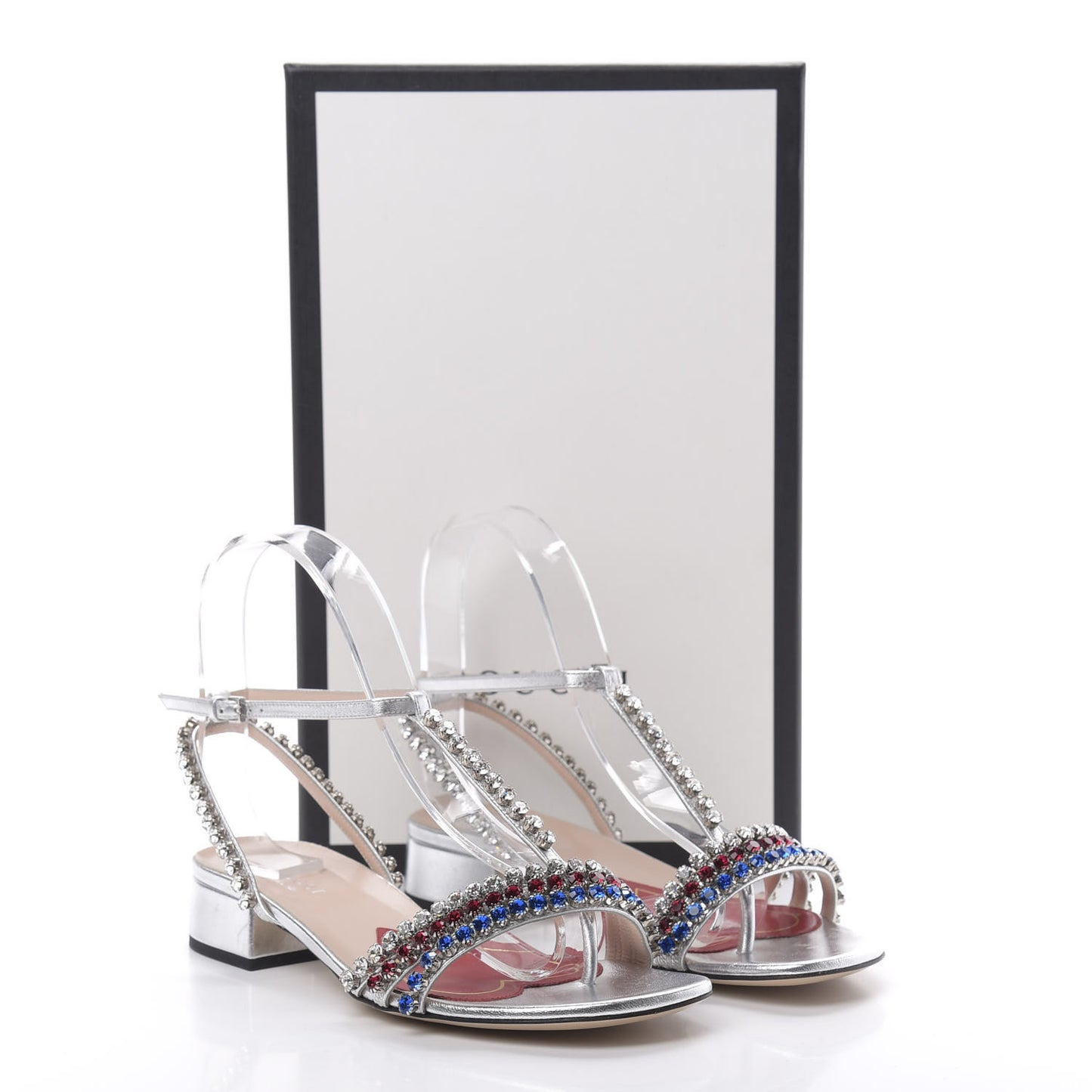 Nappa Silk Crystal Bertie T-Strap Low Heel Sandals 36 Argento