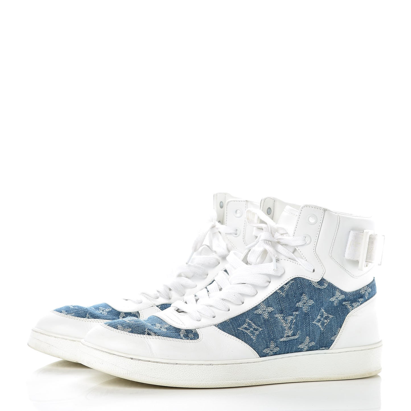 Calfskin Monogram Denim Rivoli High Top Sneakers 7.5 White