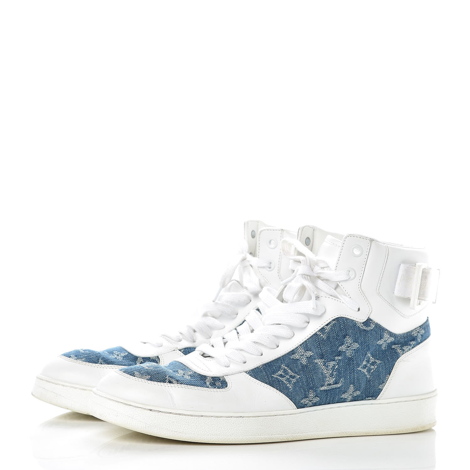Louis Vuitton Calfskin Monogram Denim Rivoli High Top Sneakers 7.5 White 2 of 16