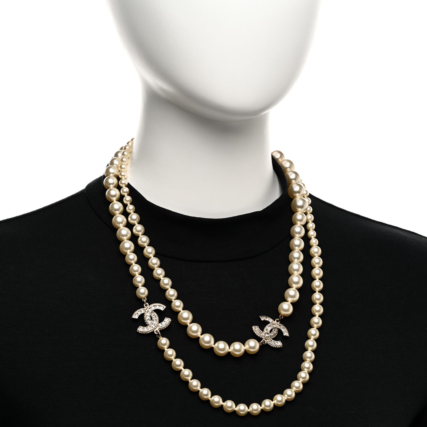Pearl Baguette Crystal CC Long Necklace Gold