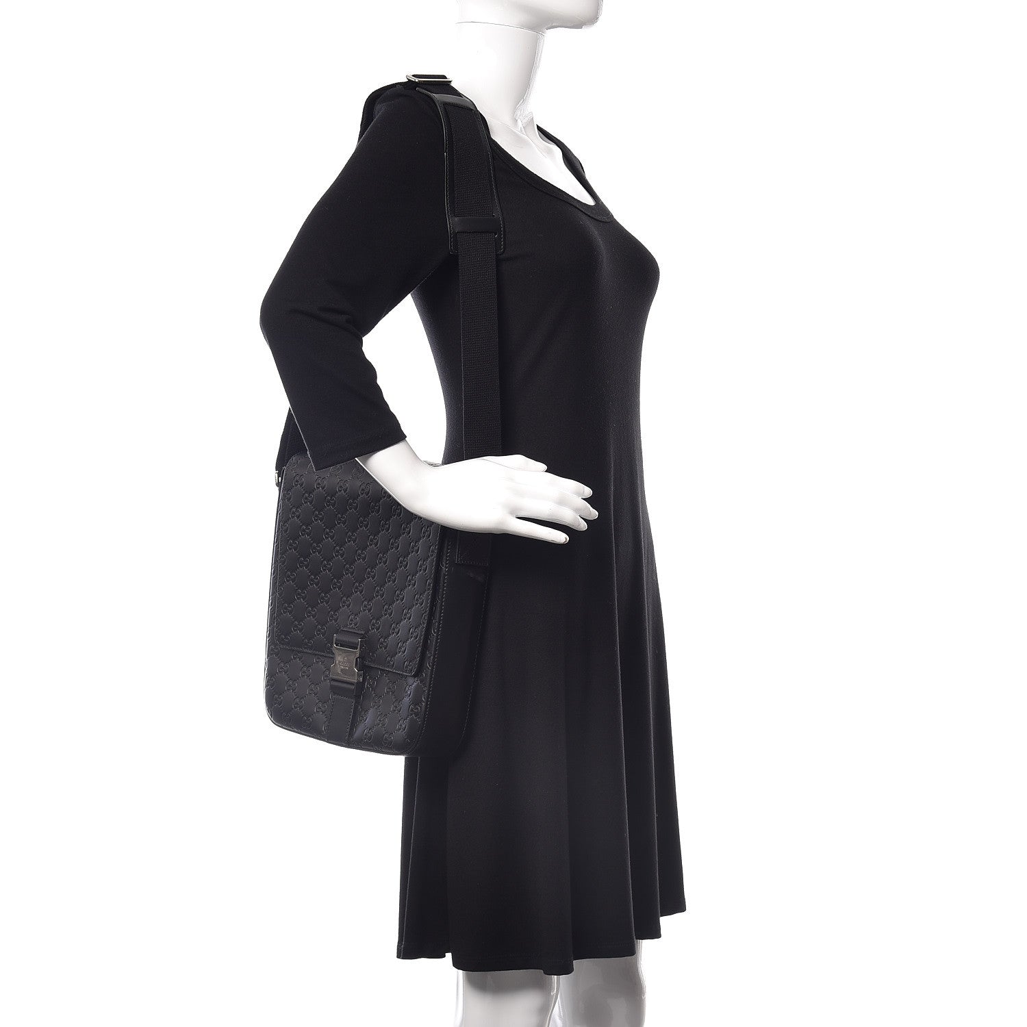 Gucci Guccissima Signature Single Buckle Flap Messenger Bag Black 2 of 9