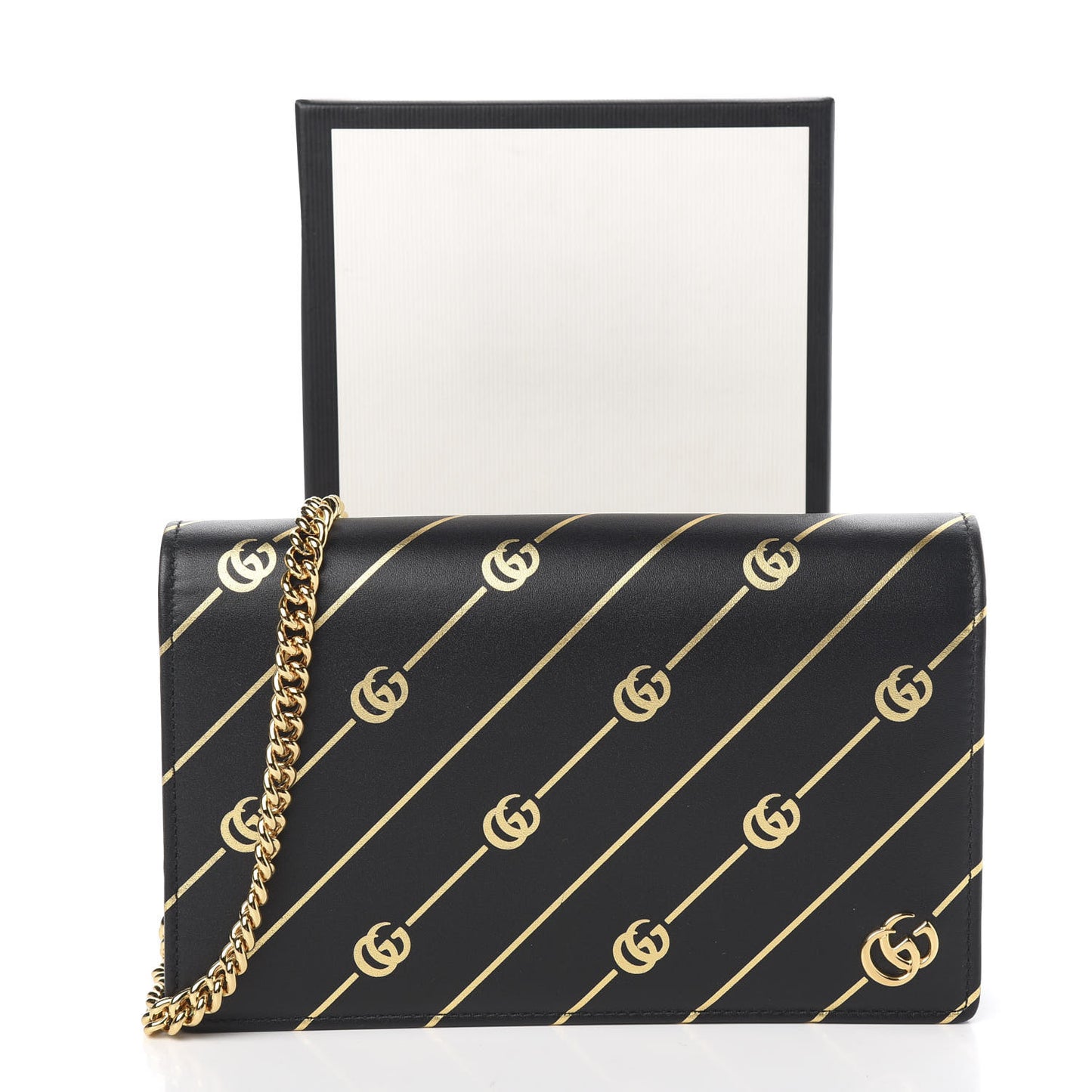 Calfskin Diagonal GG Mini Chain Wallet Black Gold