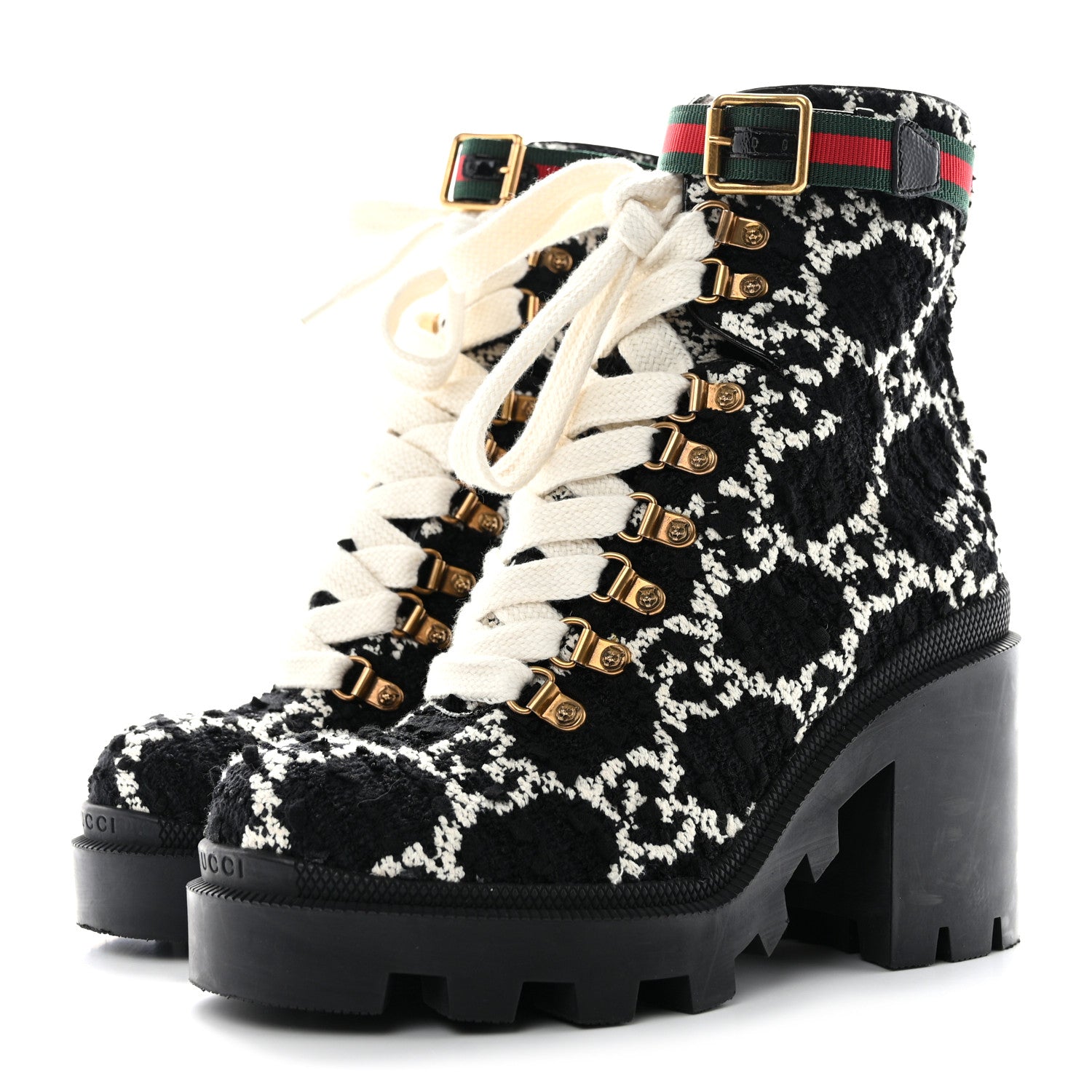 Gucci Tweed GG Monogram Lace Up Combat Ankle Boots 37.5 37.5 Black 3 of 10
