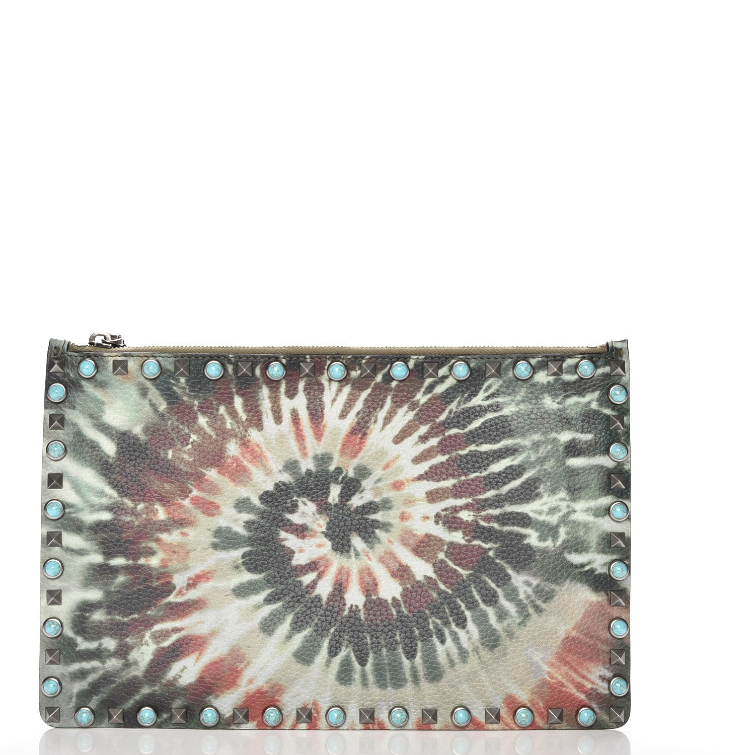 Valentino Garavani Pebbled Calfskin Tie Dye Large Rockstud Rolling Zip Pouch Deep Army Green 1 of 7