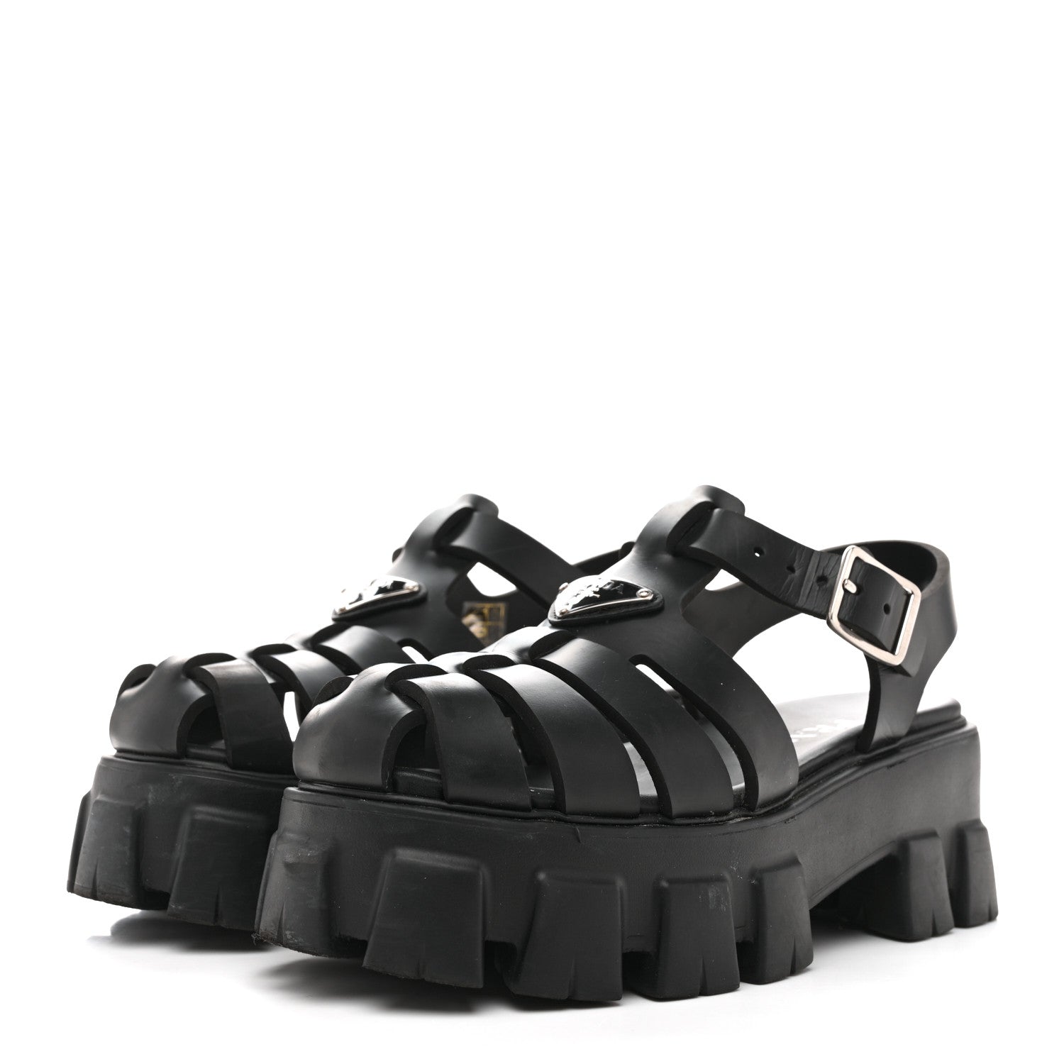 Prada Foam Rubber Triangle Logo Monolith 55mm Cage Sandals 37 Black 4 of 12