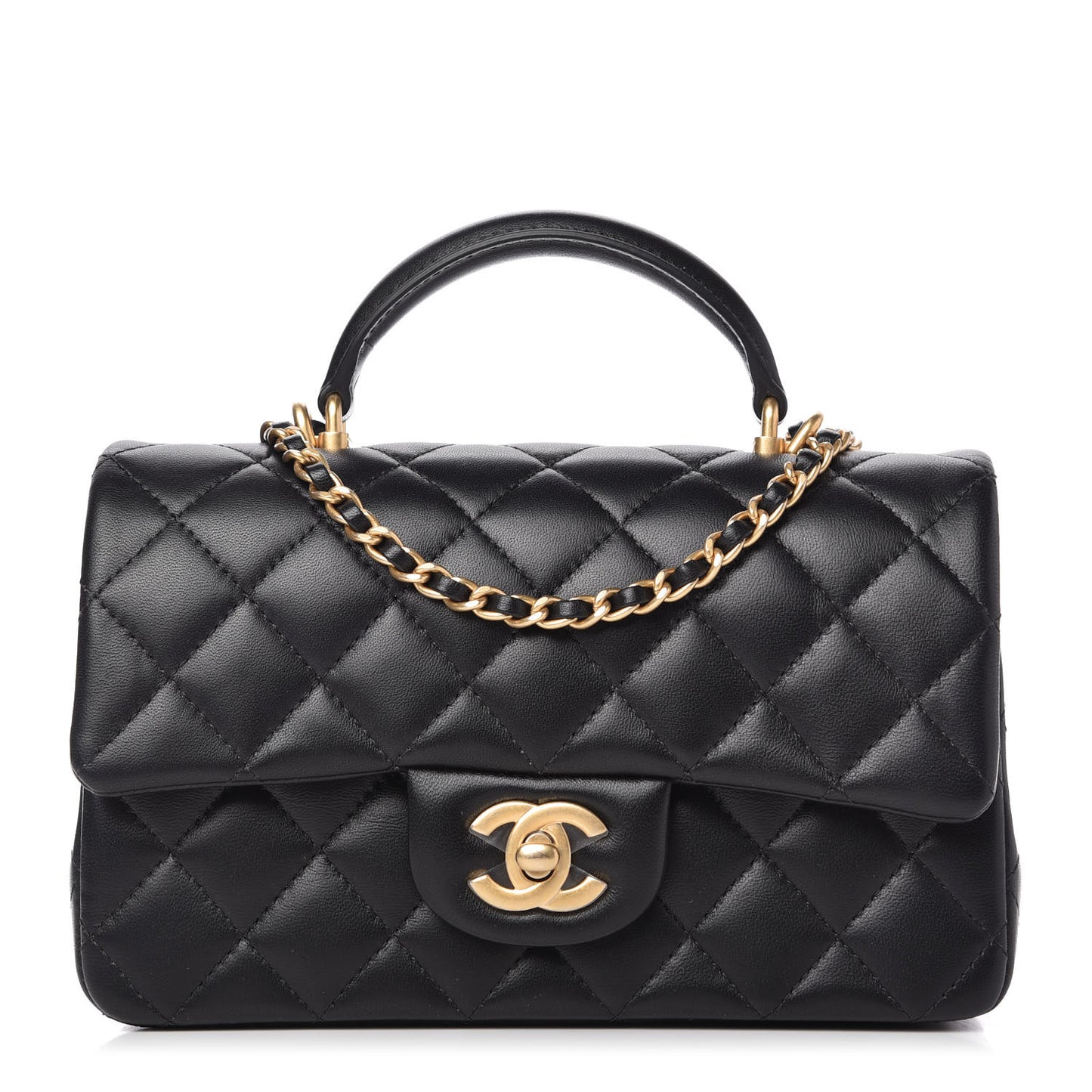 Lambskin Quilted Mini Top Handle Rectangular Flap Black
