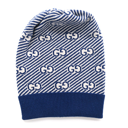 Gucci Wool GG Monogram Diagogy Beanie Hat M Sapphire Ivory 1 of 5