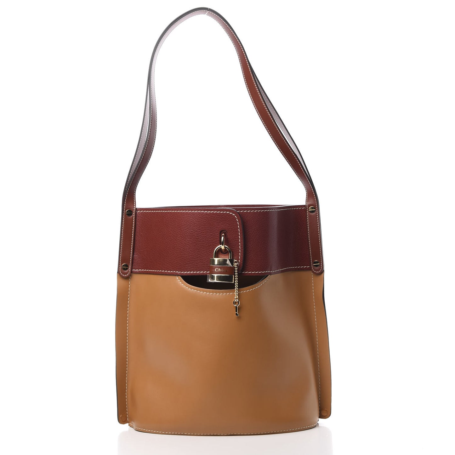 Shiny Calfskin Goatskin Medium Aby Bi-Color Bucket Bag Autumnal Brown