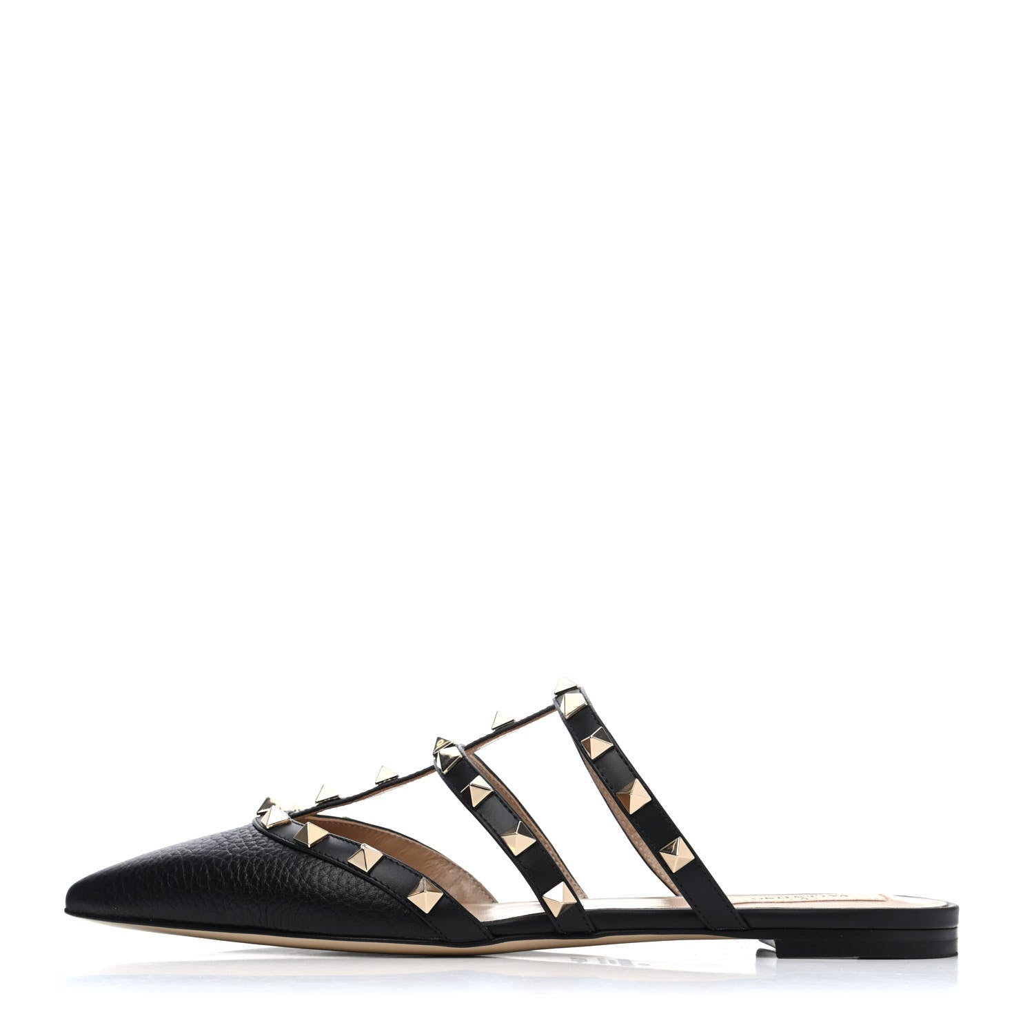 Valentino Garavani Pebbled Calfskin Rockstud Flat Cage Mules 37.5 Black 1 of 4