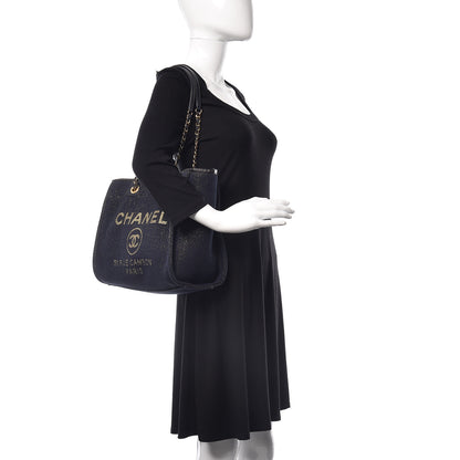 Chanel Lurex Canvas Small Deauville Tote Navy Blue Gold 2 of 11