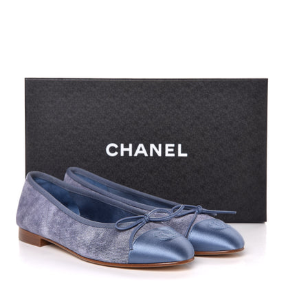 Chanel Satin Denim Goatskin CC Cap Toe Ballerina Flats 37.5 Blue 9 of 9