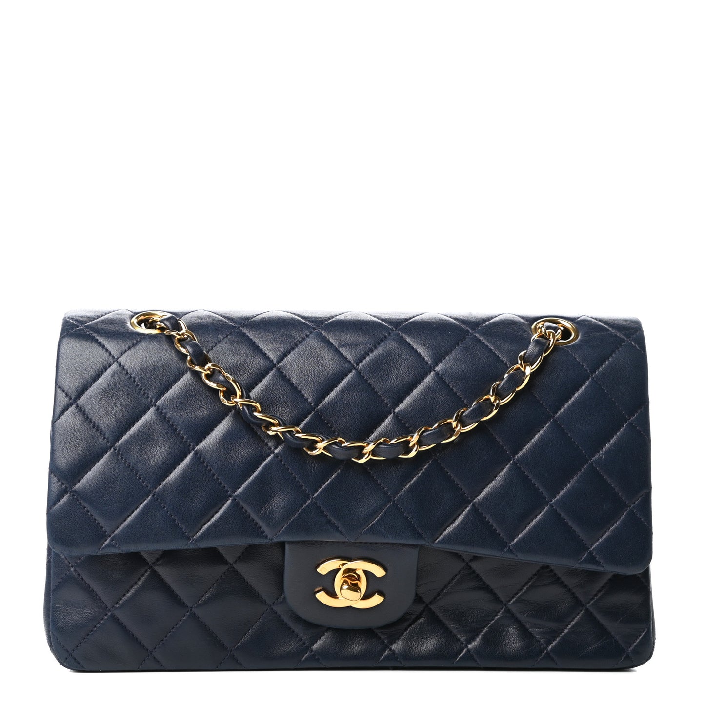 Lambskin Quilted Medium Double Flap Navy